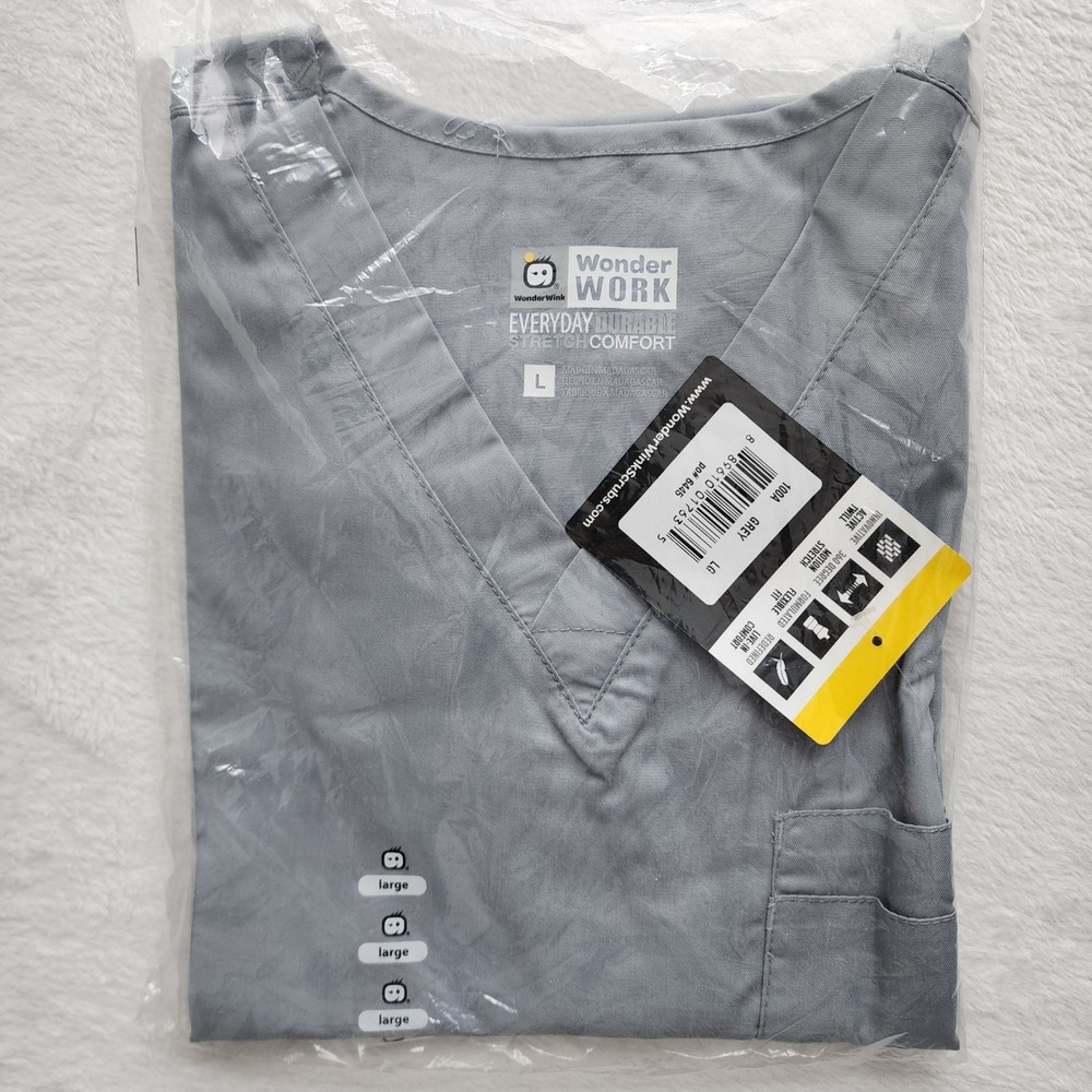 WonderWink Scrub Top Mens Large‎ Grey Stretch V-Neck Pocket Nurse Vet Massage